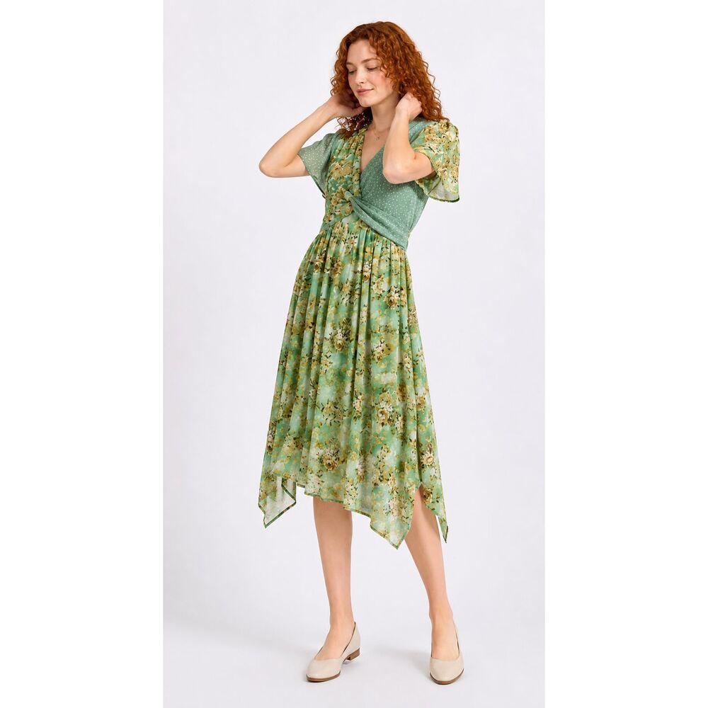 NWT GIGIO L 12 14 Green Floral Dot Twist Waist Asymmetrical Boho Chic Dress